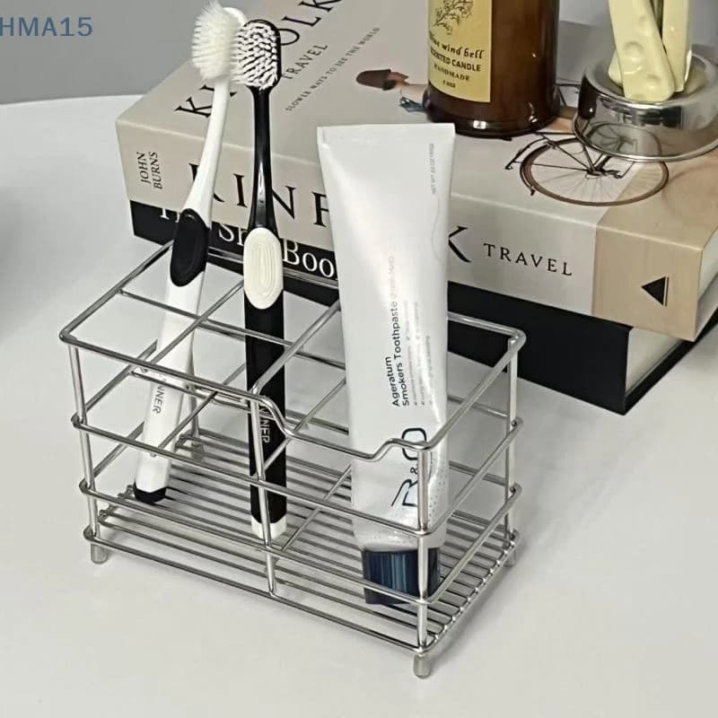 【YA】Freestanding 5-Slot Stainless Steel Toothbrush Holder Space Saving Easy to Clean for Bathroom Countertop Storage