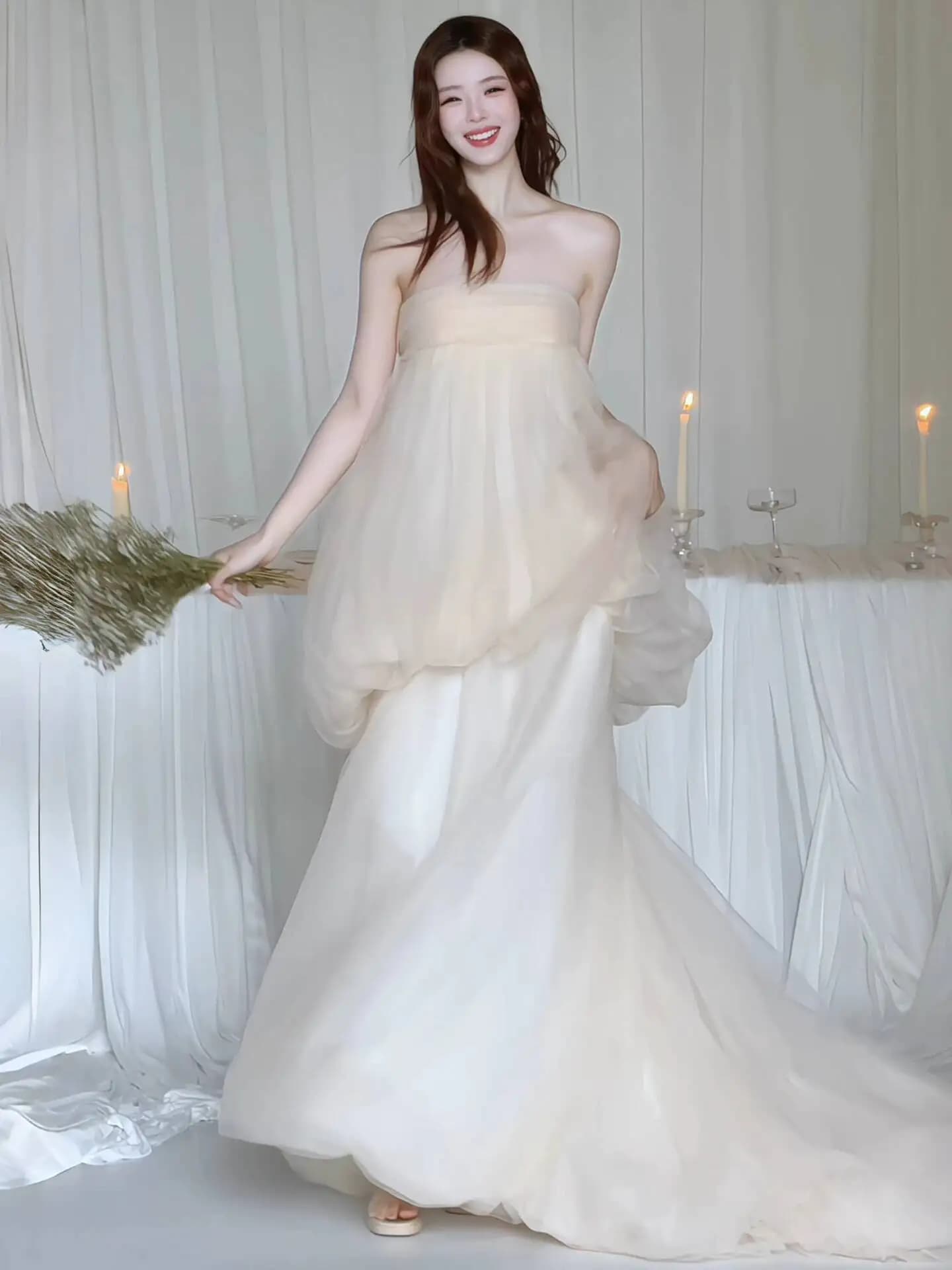 Morning Robe For Female Brides, Forest-style, Ultra-fairy, Strapless, High-end, With A Train, Perfect For Welcoming Guests And