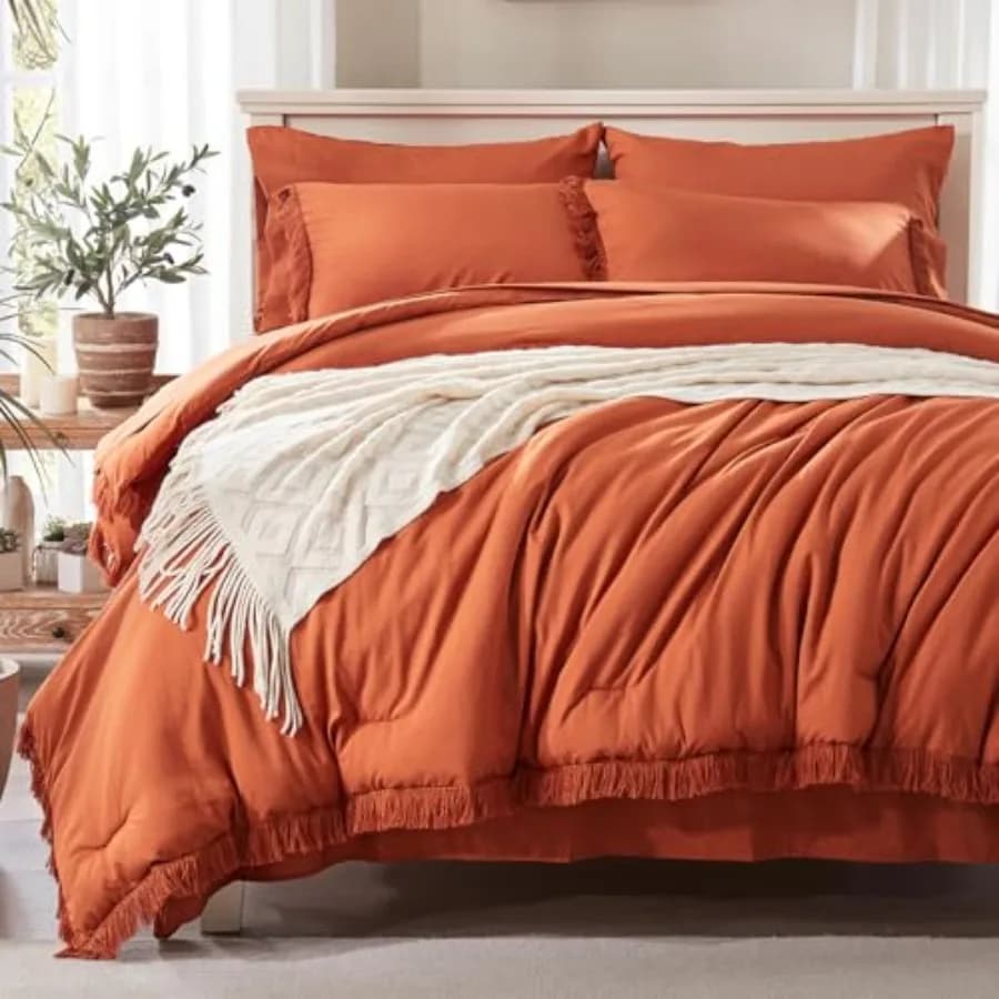 Set Copripiumino Queen 7 Pezzi con Lenzuola, Set Letto Boho Queen, Set Biancheria da Letto Leggero Color Terracotta