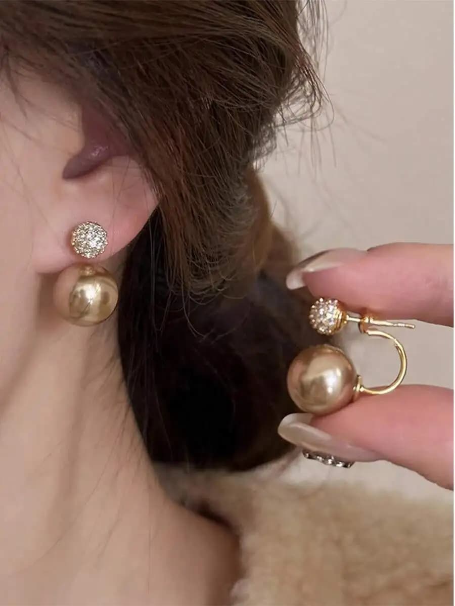 1 Pair Elegant Korean Champagne Pearl & Rhinestone Stud Earrings, Suitable For Daily Outfit And Party Accessories