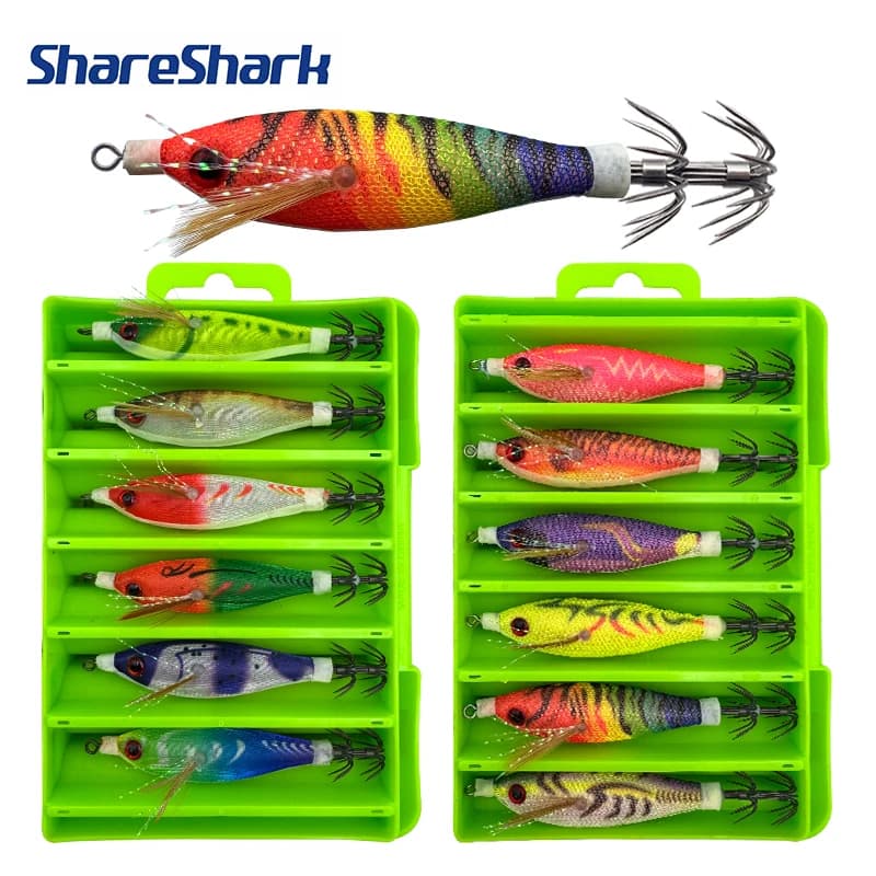 Set di 12 Esche da Pesca Artificiali Luminose a Doppia Faccia ShareShark, Ami per Seppie, Esche Marine per la Pesca