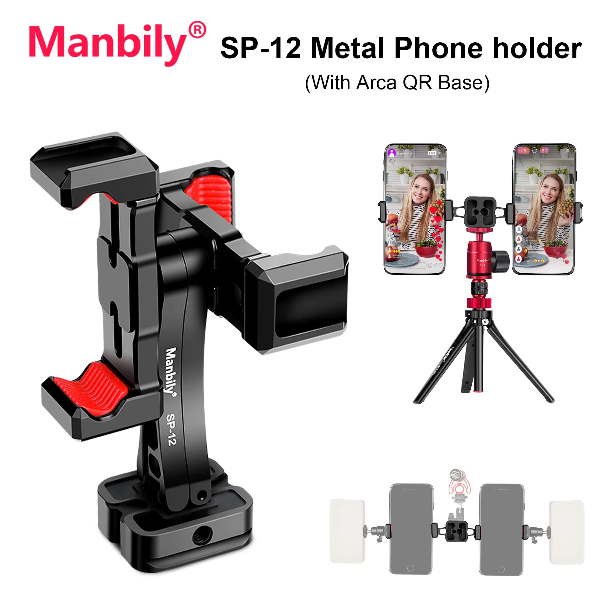 Manbily SP-12 Supporto per telefono con doppia fotocamera Arca-Swiss Morsetto in metallo girevole a 360 gradi con 2 pattini freddi per selfie Stick Vlog Shooting