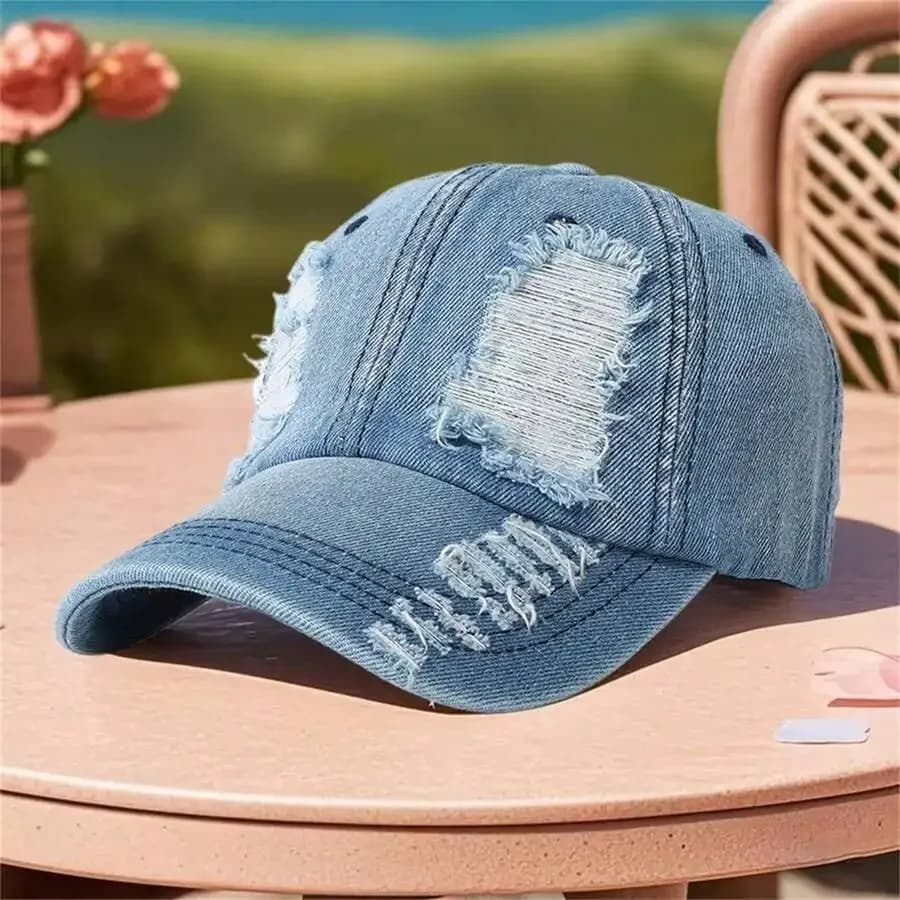 Cappellino da Baseball Unisex Vintage in Denim Strappato Regolabile con Visiera Parasole per Uomo Donna Casual Quotidiano