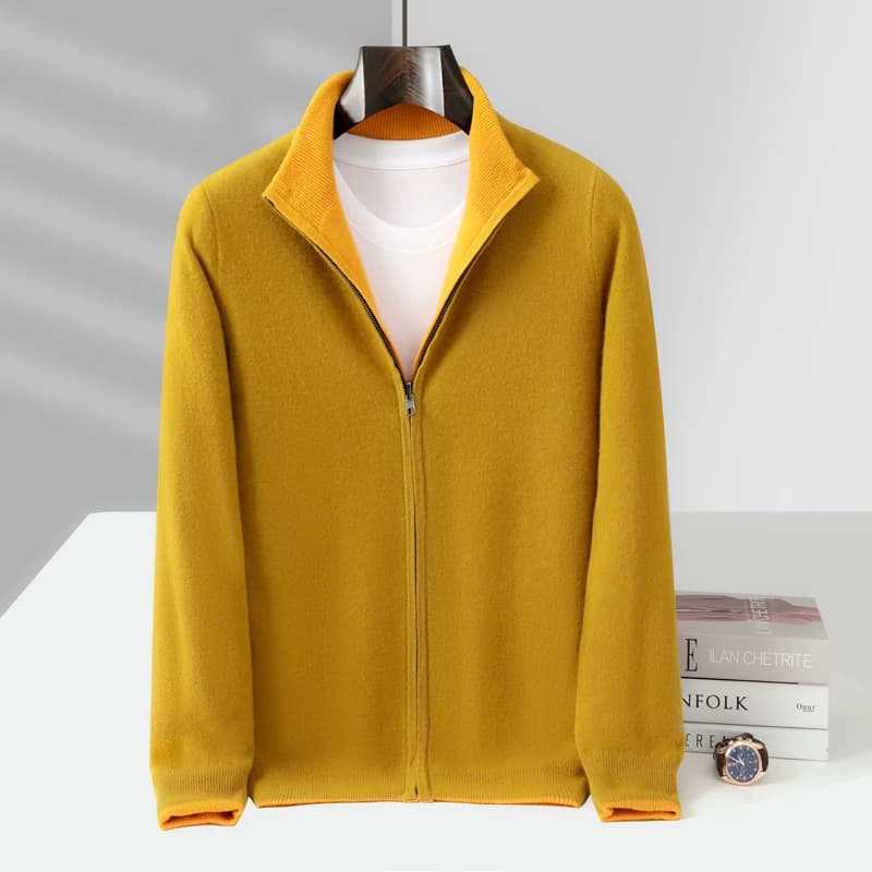 MVLYFLRT Cardigan da uomo con cerniera e colletto rialzato Cardigan bifacciale lavorato a maglia in lana merino 100% Autunno Inverno Giacca calda spessa