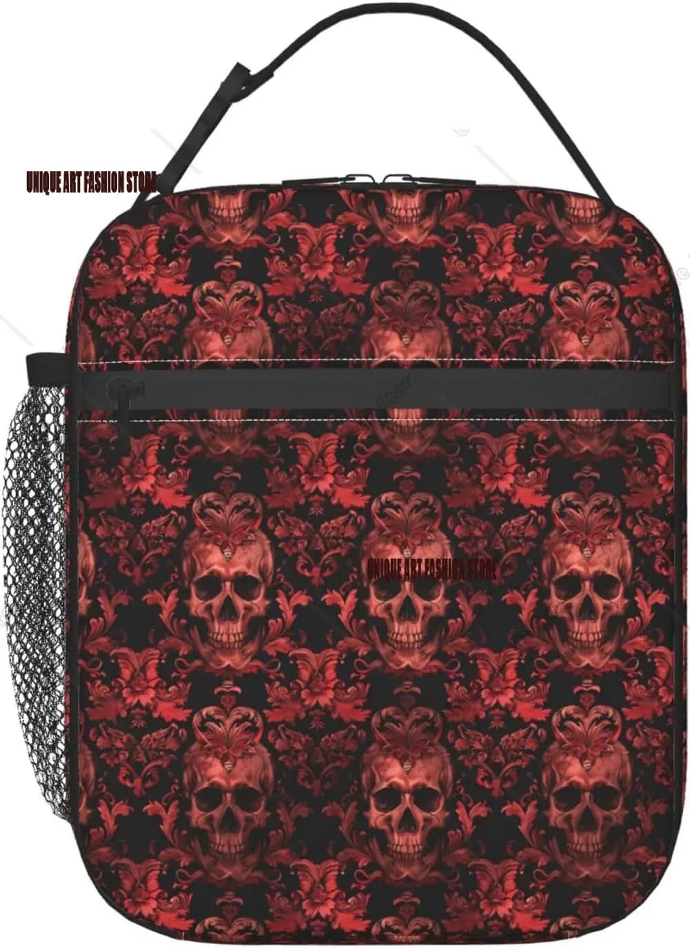 Scatola per il pranzo gotica riutilizzabile Borsa per il pranzo con teschio rosso scuro isolata Borsa per il pranzo in poliestere Borsa per borse gotiche per picnic scolastico Viaggi di lavoro