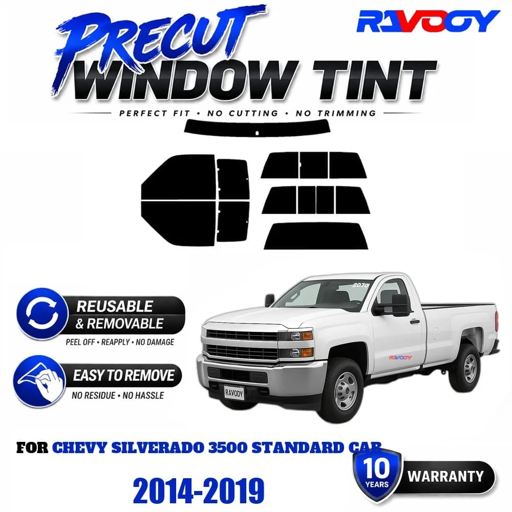 Precut Window Tint, Reusable Removable EPU Film, Custom Fit for Chevy Silverado 3500 Standard Cab 2014-2019, UV Heat Protection
