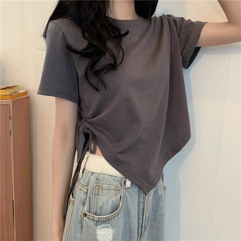 Top corto sexy con scollo a V con fasciatura a fessura donna coreana casual estate nuova maglietta a maniche corte Y2K streetwear top alla moda per le donne
