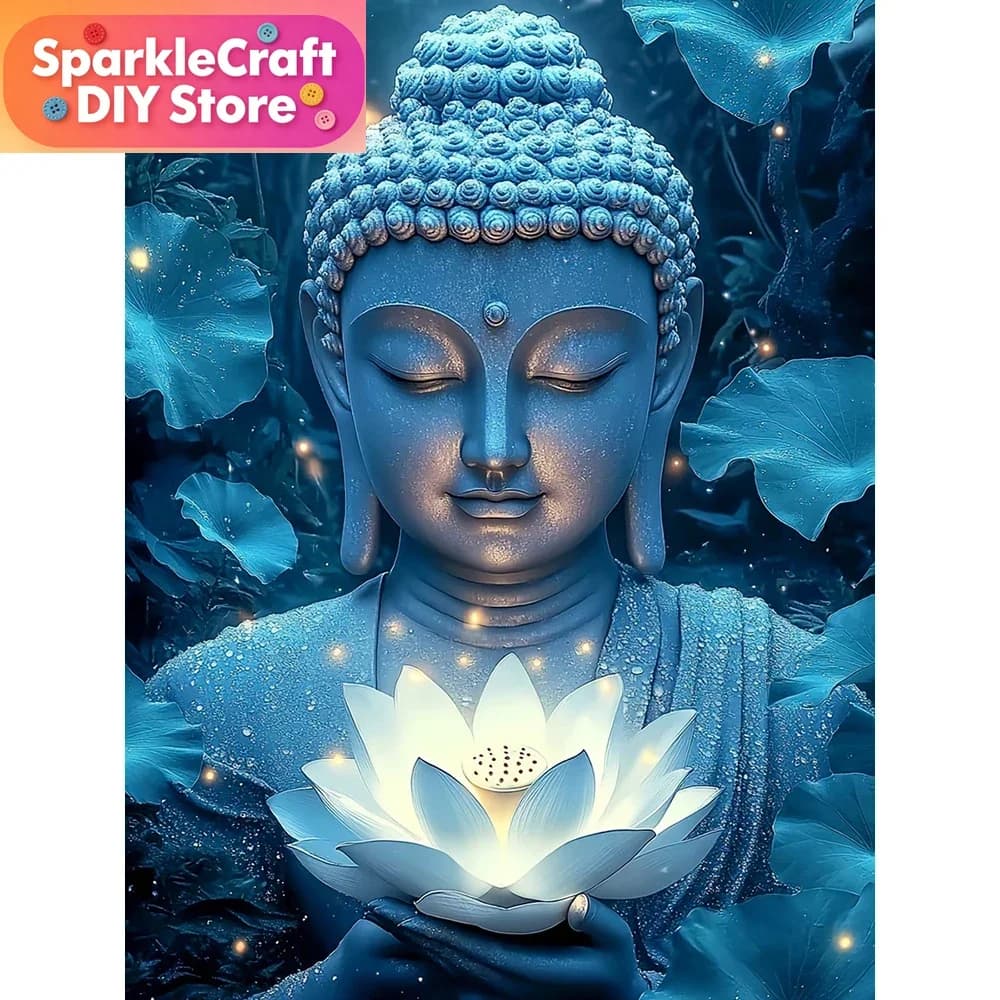 1 pz. Mosaico di diamanti senza cornice, figure religiose, pittura quadrata completa, ritratto di Buddha, immagine con strass, ricamo, loto da parete