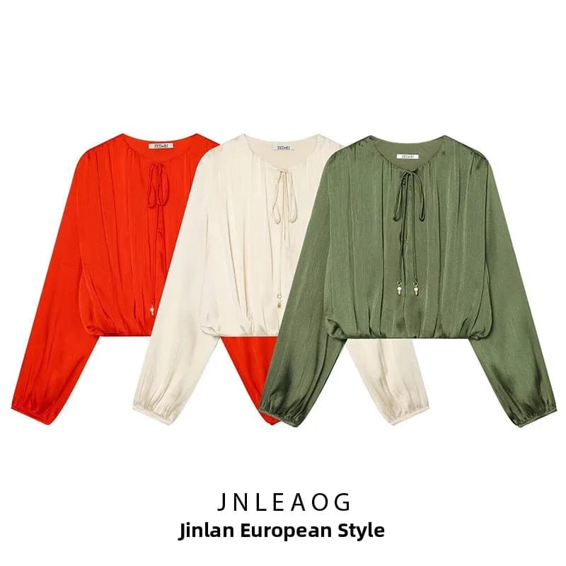 Spring New Arrival Women's Fashionable Versatile Balloon Shirt 3897051 Polyester Long Sleeve round Neck Short Length