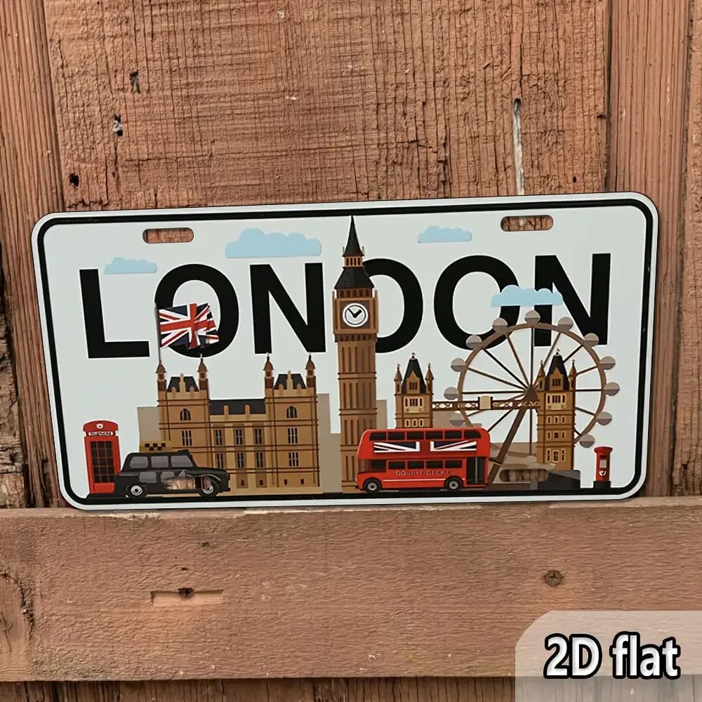 Insegna in Alluminio Stile Targa con Skyline di Londra, Regno Unito, Decorazione Murale Retrò con Big Ben, London Eye e Bandiera Britannica per Casa e Bar