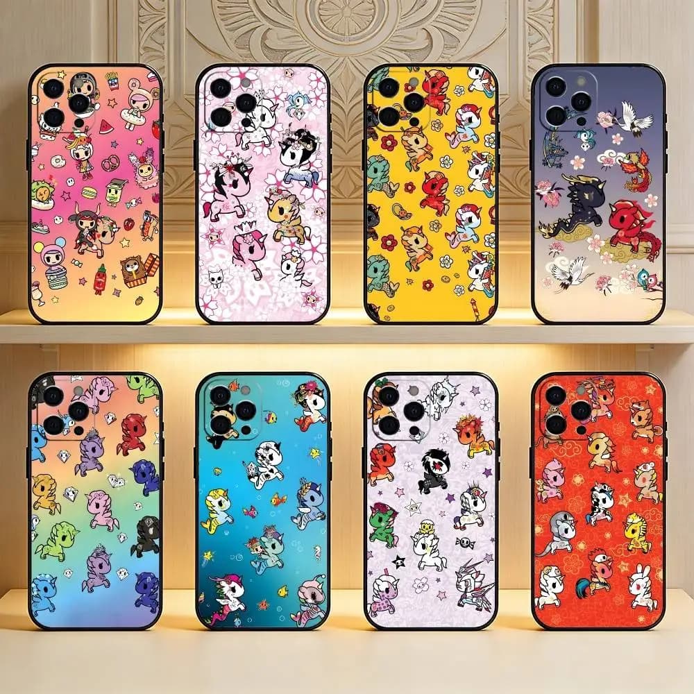 Custodia per telefono in morbido silicone nero con design ispirato alla cultura pop giapponese Tokidoki per iPhone 17, 16, 15, 14, 13, 12 Plus, Max