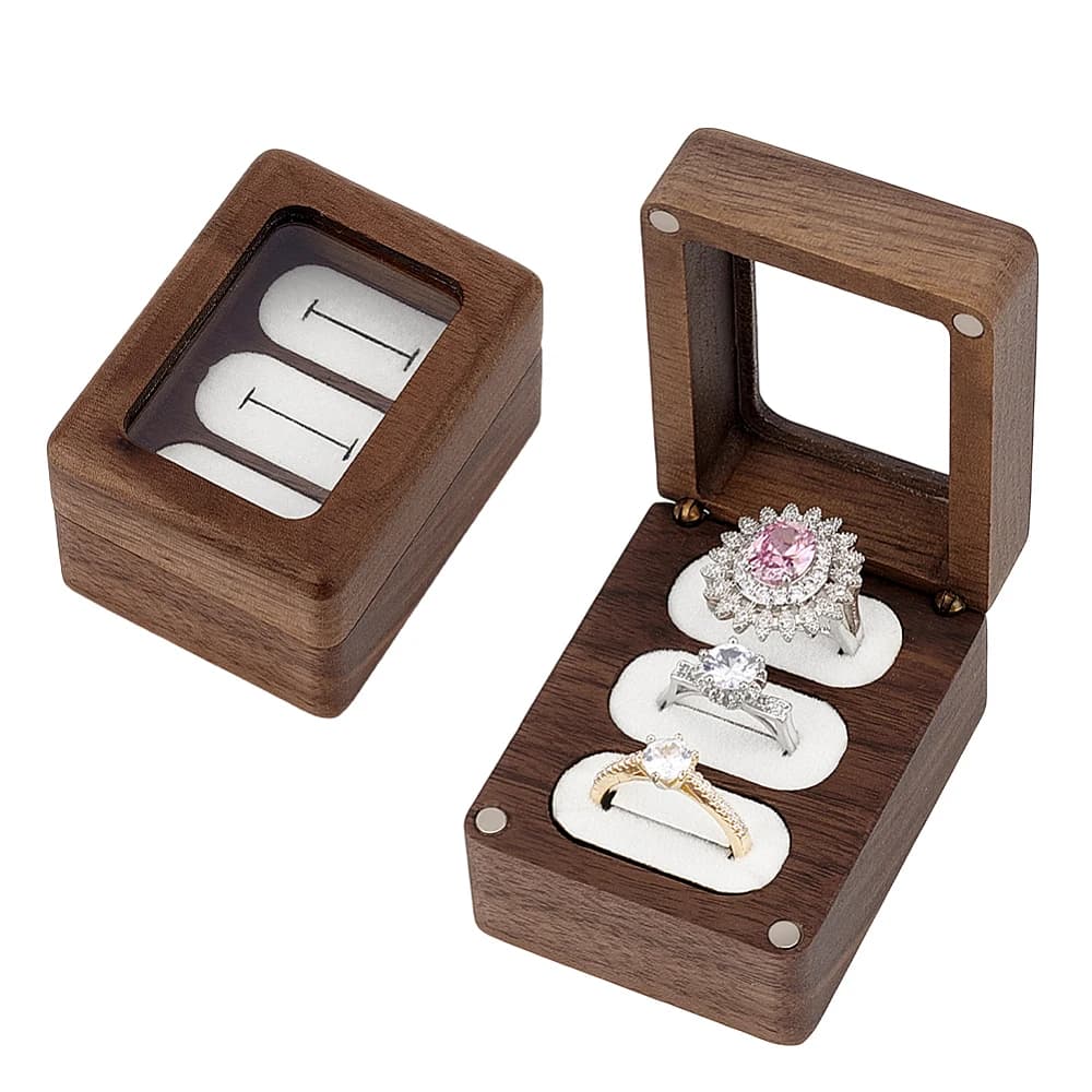 Wood 3 Slot Ring Box with Glass Lid for Wedding Proposal Walnut Wood Ring Bearer Cube Flip Box 3 Ring Storage Box with Lid