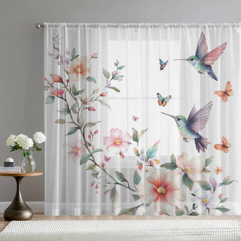 2PCS Home Decoration Hummingbird Flower Printed Window Screens with Pole Bags, Suitable for Living Rooms