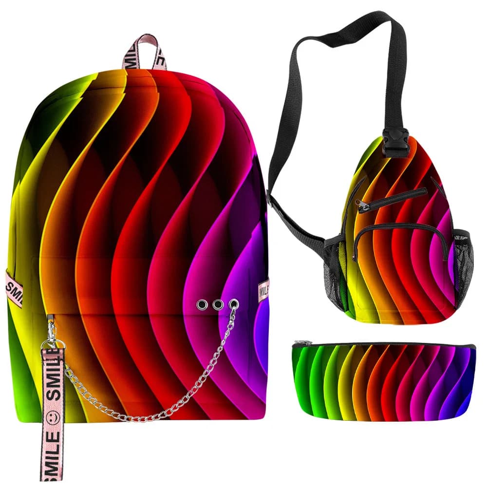 Youthful Creative color blocking 3pcs/Set Backpacks 3D Print Oxford Notebook multifunction Backpack Chest Bag Pencil Case