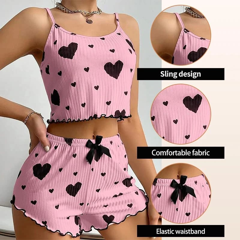 Women Sleepwear Set 2 Piece Short Tank Top and Shorts Soft Breathable Love Print Casual Pajamas XL White Pink