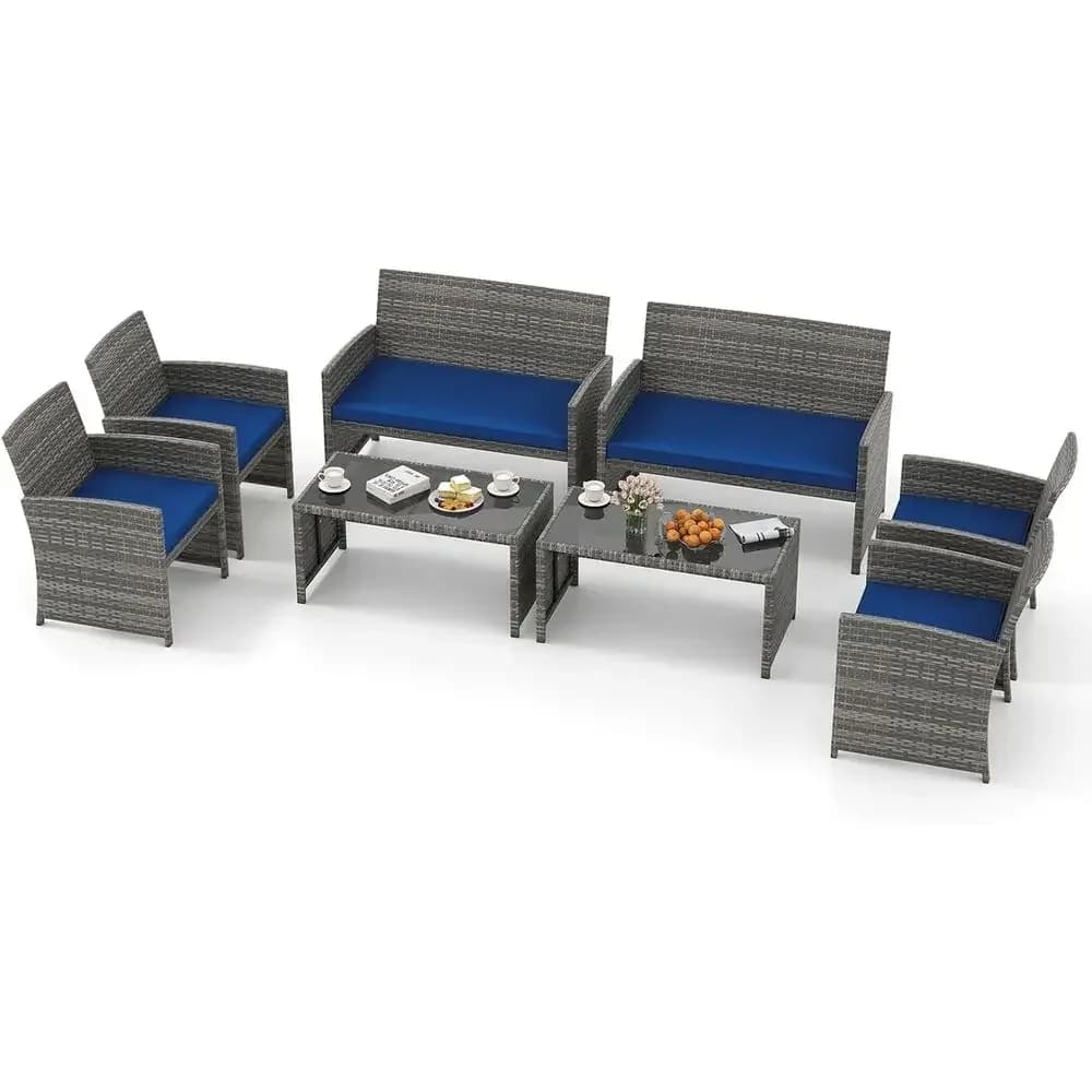 8-Piece Outdoor Wicker Furniture Set with Cushioned Chairs, Loveseat, and Glass Coffee Table for Patio, Balcony, and Poolside
