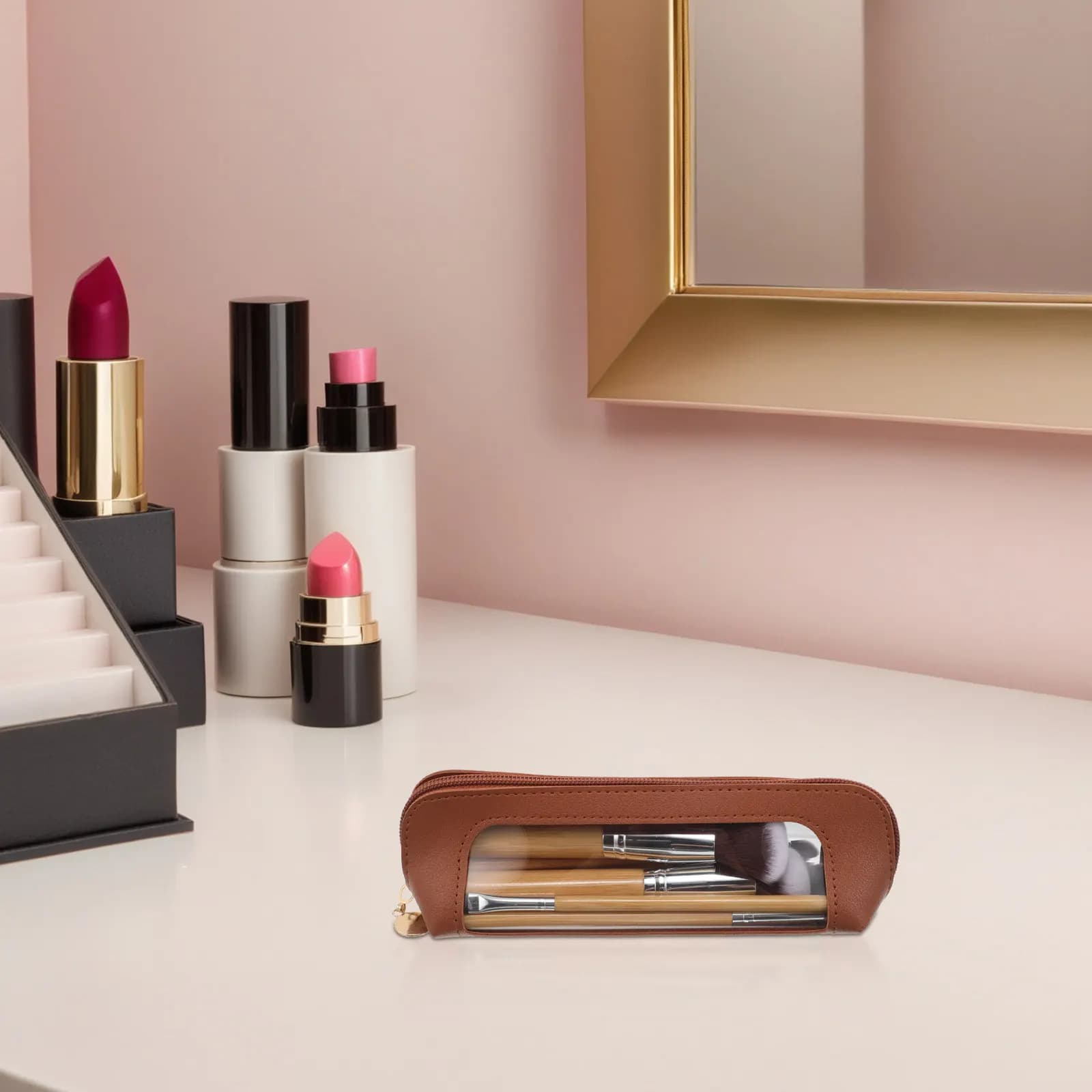 Borsa Portatile Trasparente per Pennelli da Trucco con Cerniera Scorrevole per Organizzazione Viaggio e Conservazione Strumenti di Makeup