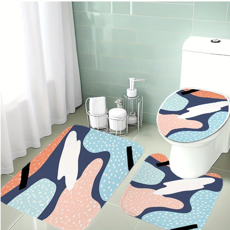 Set da 3 tappetini da bagno | Tappetino da bagno in poliestere, copriwater, tappetino a forma di U in blu a bassa saturazione, rosa, arancione con Irregu