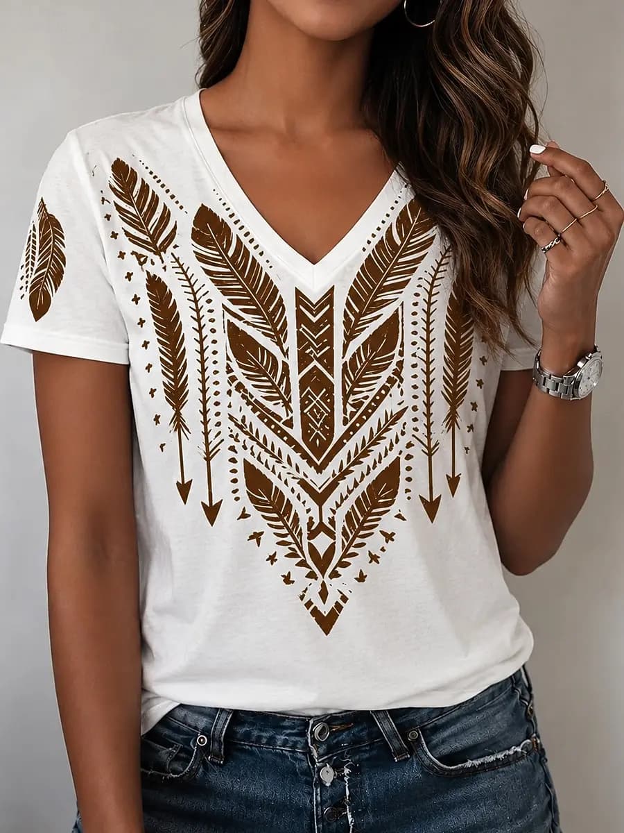 Women's Spring Summer 3D Printed V Neck Tee, White Base Brown Feather Arrow Ethnic Geometric Vintage Print Casual Daily Top