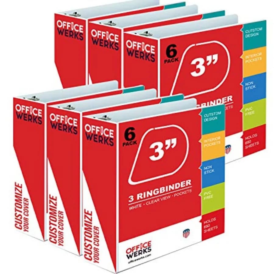 Raccoglitore a 3 anelli da 3 pollici con anelli a D, capacità 725 fogli, confezione da 6, bianco con copertine trasparenti e 2 tasche per carta 8.5x11, raccoglitore resistente