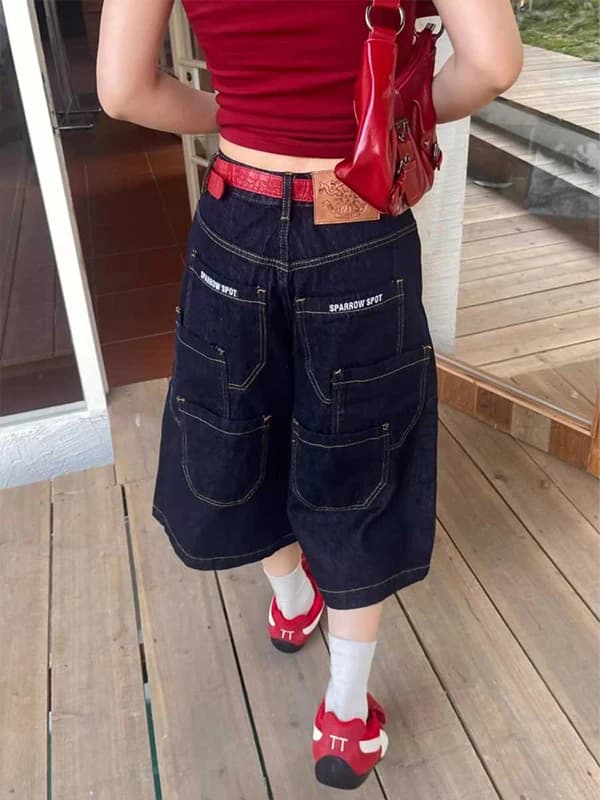 Shorts in denim a vita alta blu scuro da donna, a gamba dritta e larga, per l'estate, per il corpo a forma di pera, lunghezza 7/8
