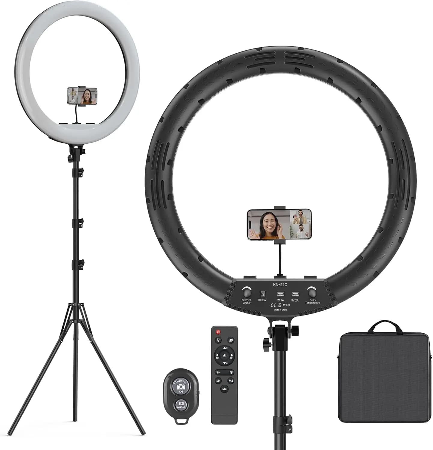 Anello luminoso da 21 pollici con supporto, LED dimmerabile da 55 W, treppiede, supporto per telefono, telecomando e borsa per lo streaming