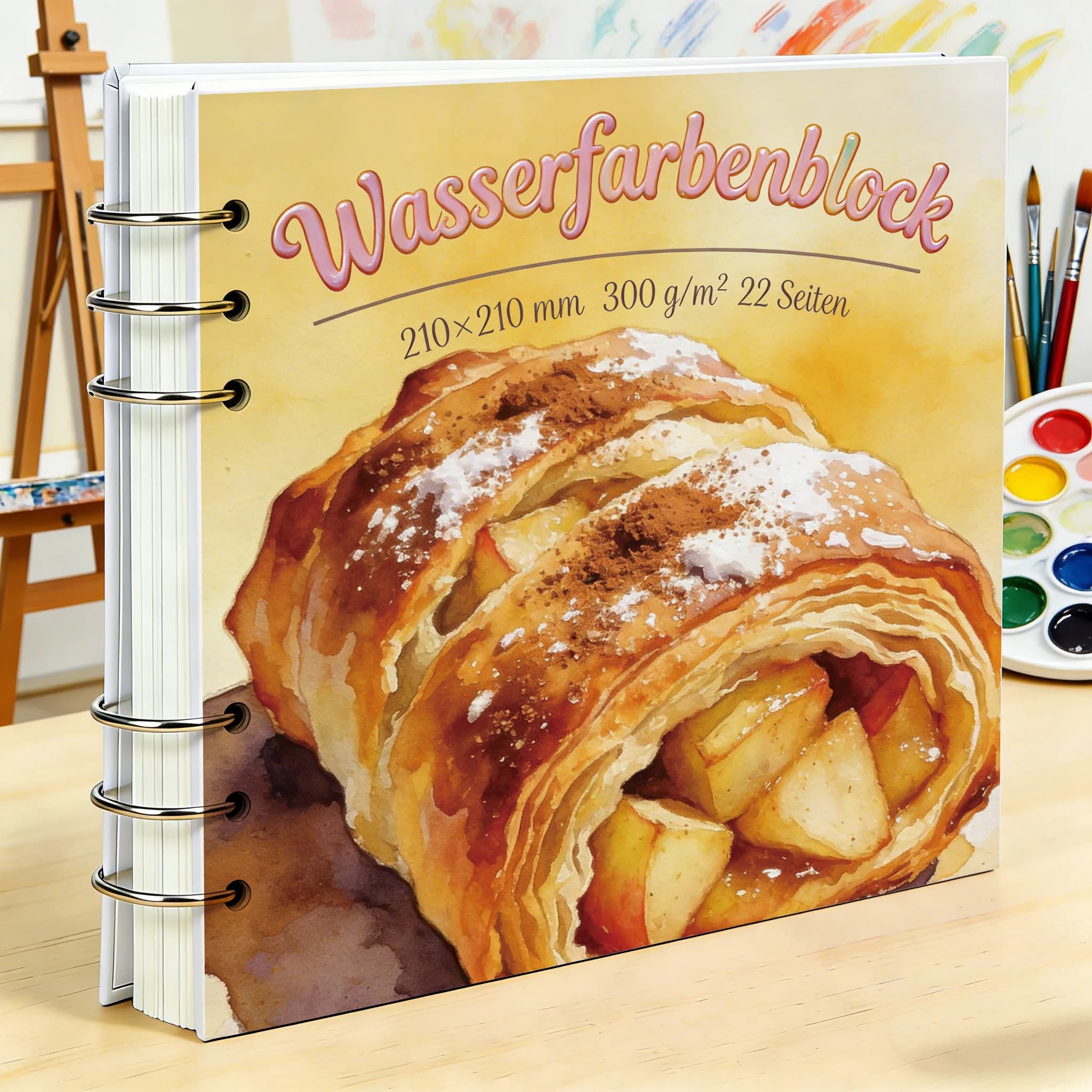 Professional Watercolor Sketchbook 210×210 mm, 300 GSM Rough Paper, Removable Metal Rings, Hand-Painted Apple Strudel Cover, 22