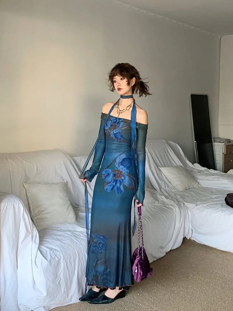 Abito Lungo in Rete Stile Cinese Primaverile e Autunnale, Monospalla, Slim Fit, Manica Lunga, Stampa Floreale Blu per Donne