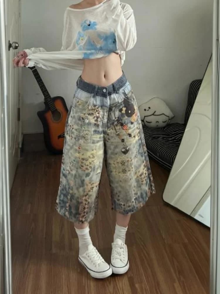 Vintage Printed Wide Leg Denim Jeans High Waist Straight Cut Short Pants mid Length Casual Wear Summer New Arrival Women's Fa...