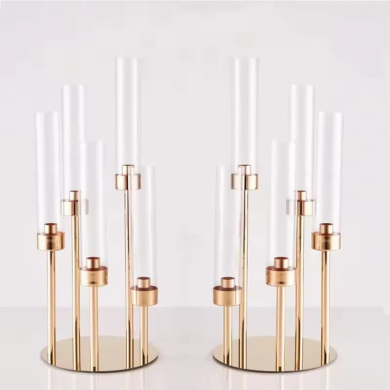 Small gold candle holder with 5 heads 10 pieces, metal table support with acrylic cover, perfect weddings and home decorations