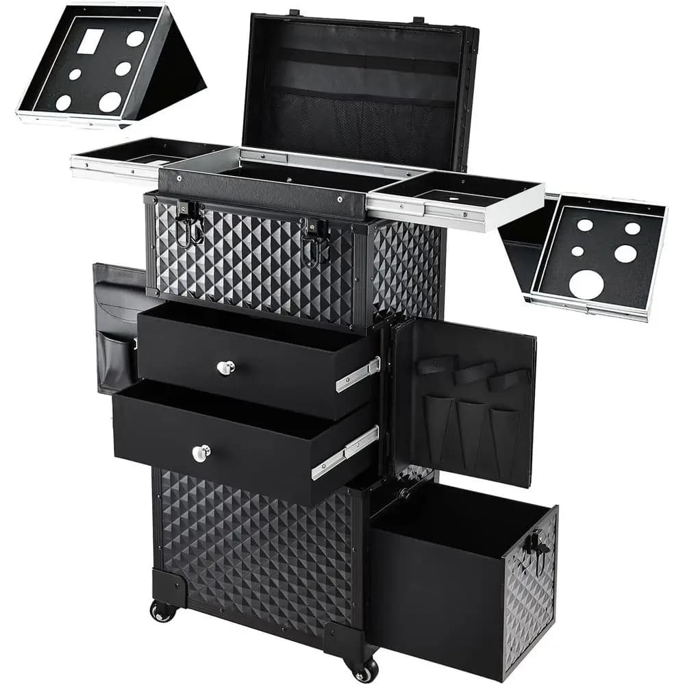 Portable make-up case with wheels for designers and artists, hair dryer holder, ideal for salon, barber and travel, black