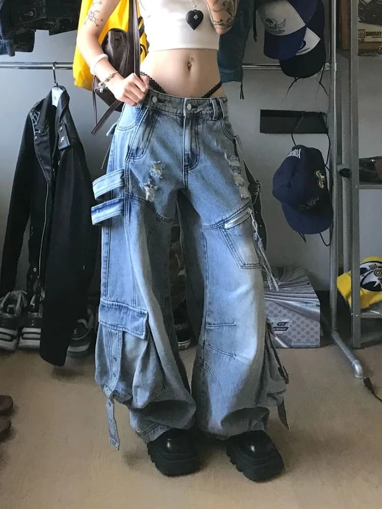 Retro American Style Women's Denim Work Pants Multi-Pocket Bullet Design Summer Hot Girl Wide Leg Floor-Length Jeans