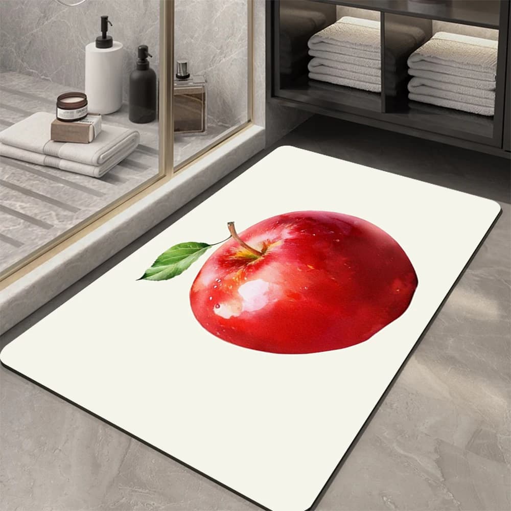 Tappeto da bagno lucido rosso mela effetto rugiada, ad asciugatura rapida, tappeto d'ingresso con base crema, motivo frutta brillante, lavabile per uso domestico