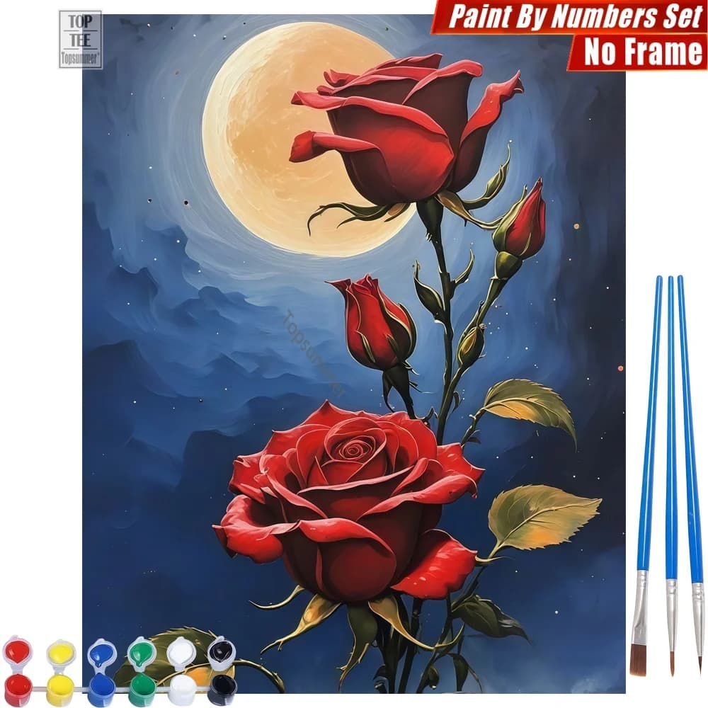 1pc frameless Red Roses Moon DIY Digital Oil Paints Set - Roses Moon Night Family Activities Teacher'S Day Gift For Teacher