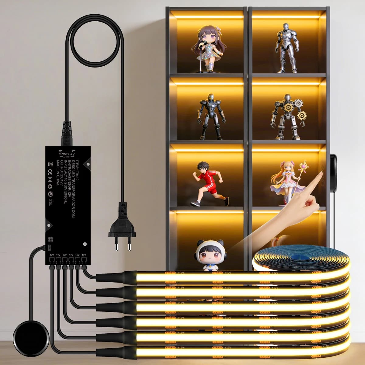 Striscia LED COB Nera 12V, Interruttore Dimmer Touch Senza Fori, Installazione a Penetrazione su Legno/Vetro, per Pannelli Acustici e Armadi