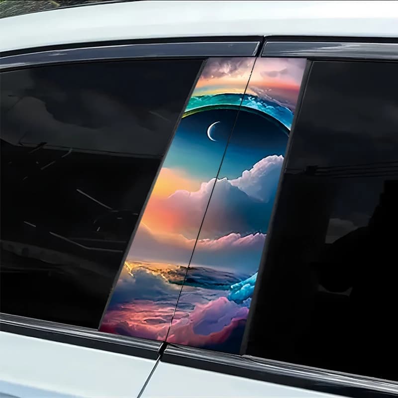 2 stickers for car mount B with protective film in smooth material with rainbow and sunset effect, with anti-scratch performance