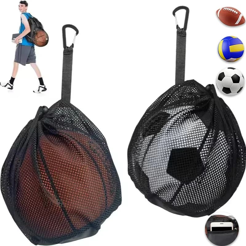 Single Ball Bag for Basketball Soccer Volleyball, Mesh Storage with Zipper Pocket, Adjustable Drawstring Ball Bag with Clip