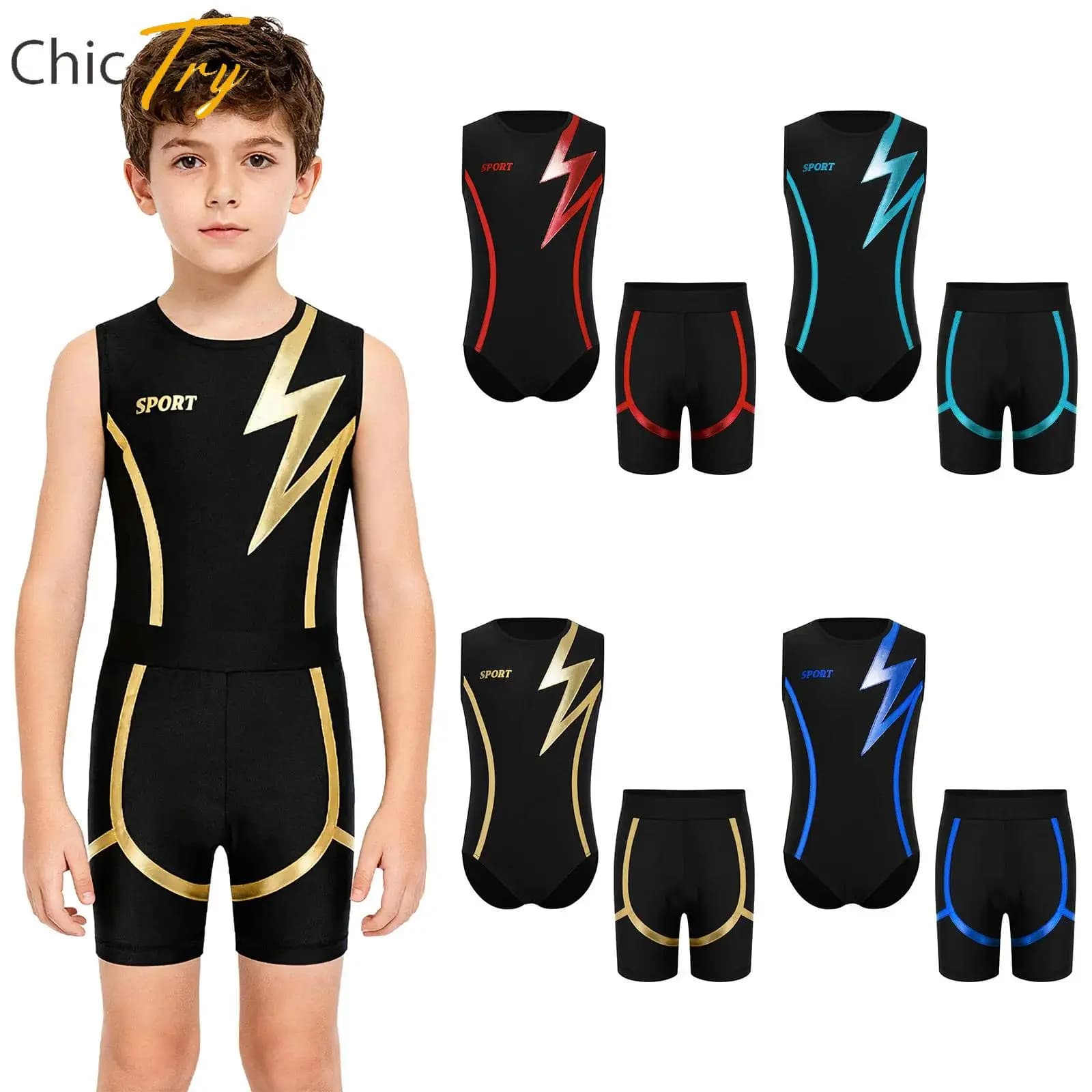 Ragazzi 2 pezzi ginnastica ritmica pattinaggio di figura vestito da ballo allenamento per bambini costumi da bagno senza maniche body di colore a contrasto metallizzato + pantaloncini