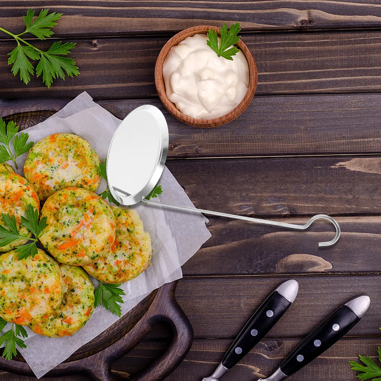 Non-Stick Snack Mold Stainless Steel Frying Pan Handle Spoon for Pancakes Fritters Shrimp Cakes Kitchen Cooking Utensil Oil Pier