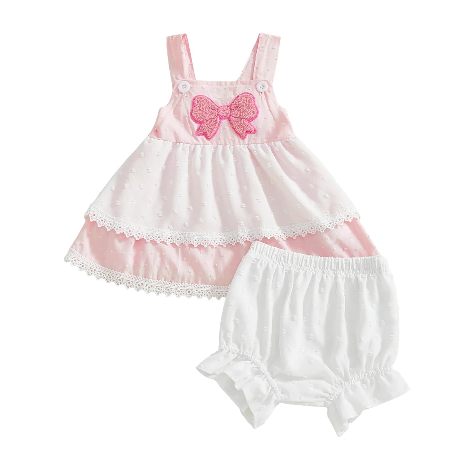Adorabile completo da bambina con canotta con dettagli a fiocco e pantaloncini con volant e finiture in pizzo ricamato, set estivo da 2 pezzi