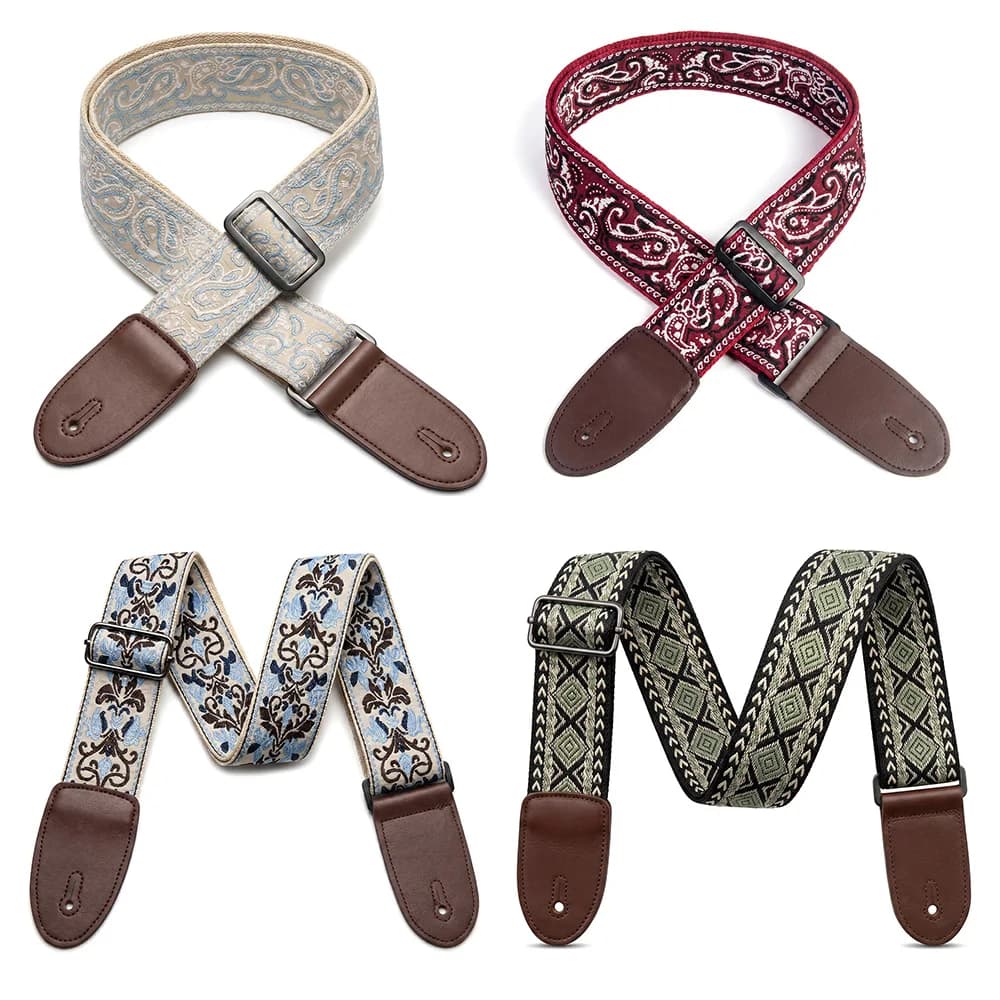 Guitar Strap Embroidered Belt Adjustable Guitars Straps Leather End For Bass Acoustic Electric Guitar Ukulele Instruments