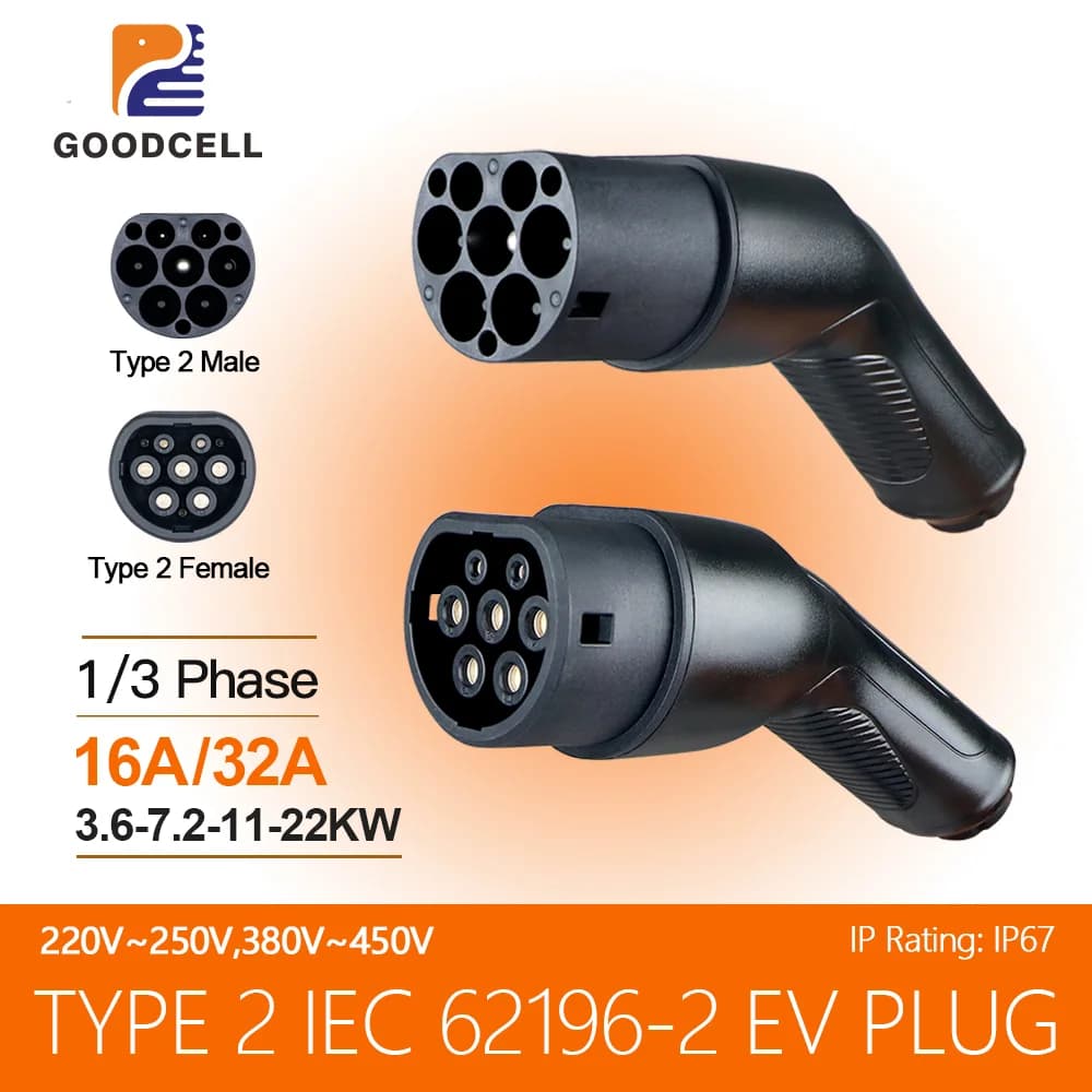 Goodcell Portable EV Spina Male 16A/32A 3.6/7.2/11/22KW Charging connector for hybrid cars for electric vehicles