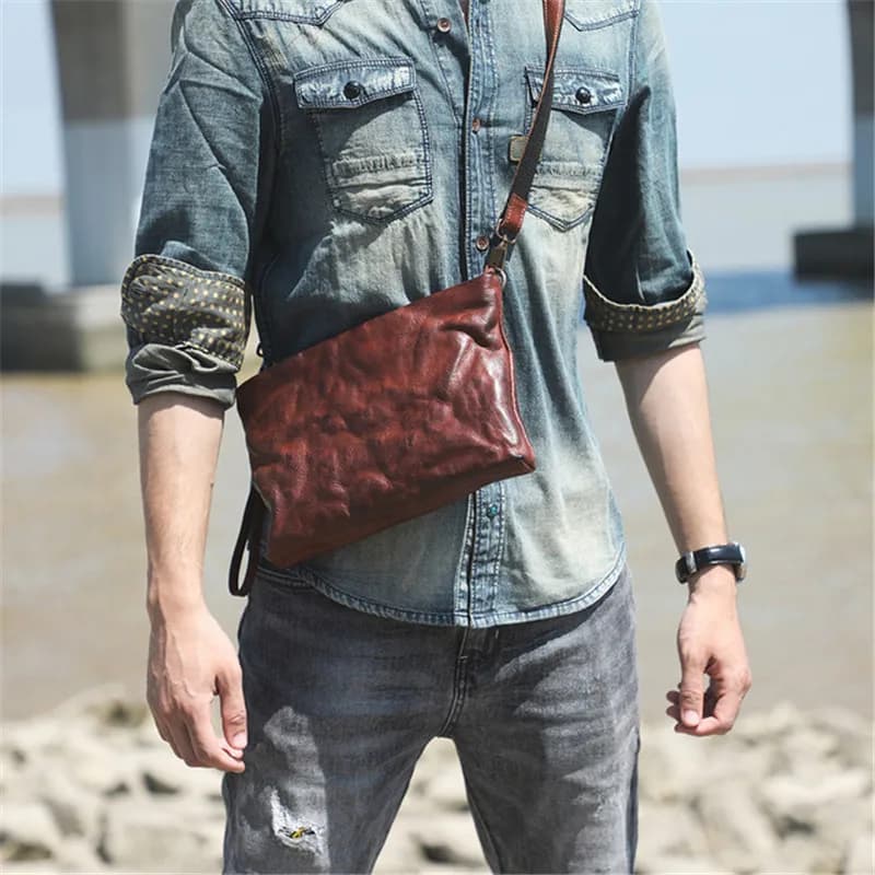 Borsa a tracolla da uomo in vera pelle, stile vintage, plissettata, di design, in vera pelle bovina naturale, multifunzionale, porta cellulare, per giovani.