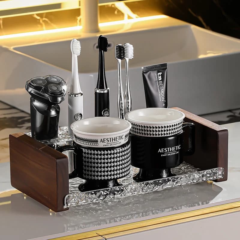 Luxury Electric Toothbrush Set: Premium Ceramic Bath Organizer with Couple Brush Holder and Modern Washbasin Glazed Cup