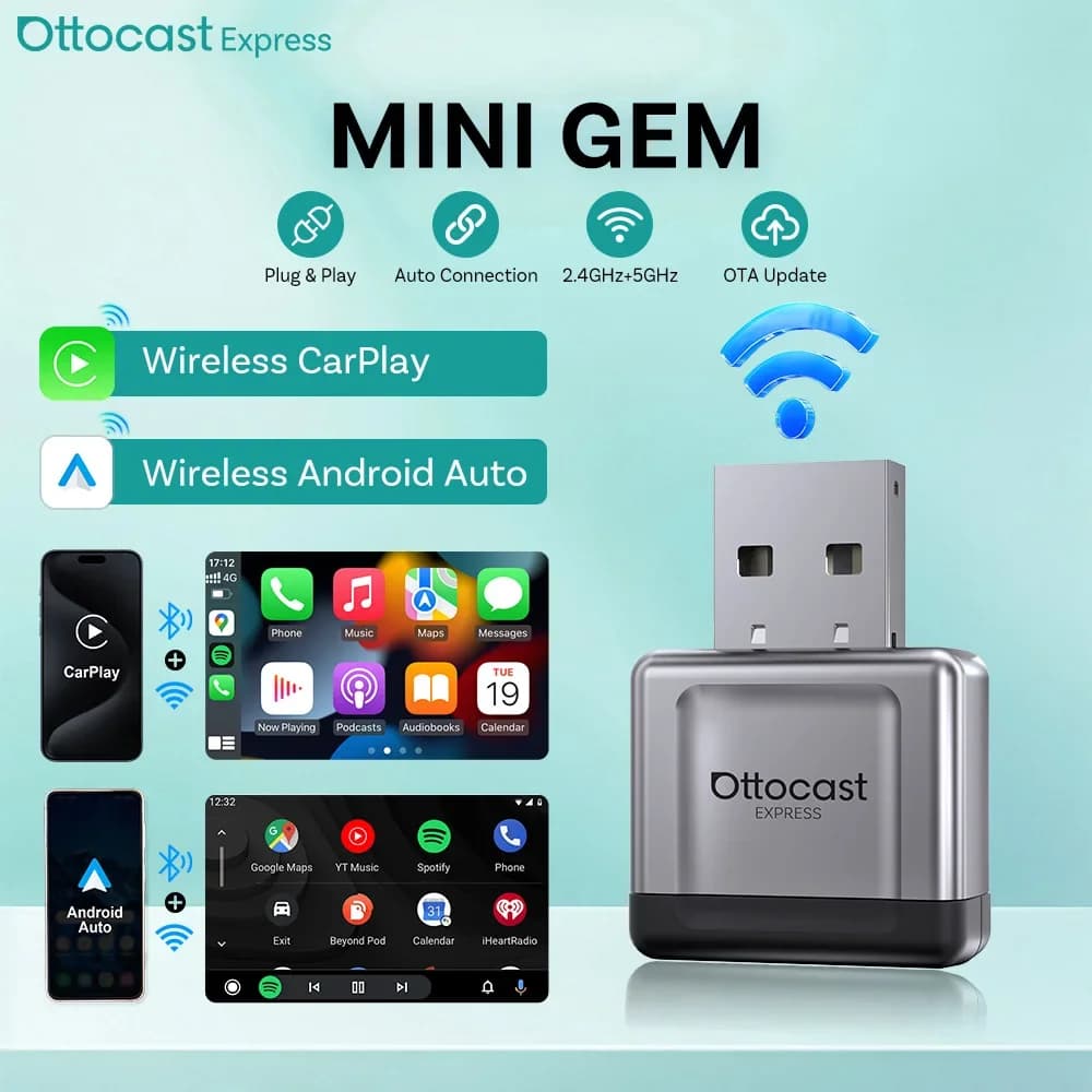 OTTOCAST Ultra Mini Gem 2 in 1 Wireless CarPlay Adapter Android Auto Dongle USB Plug & Play Quick Connection for Benz Audi Toyota VW