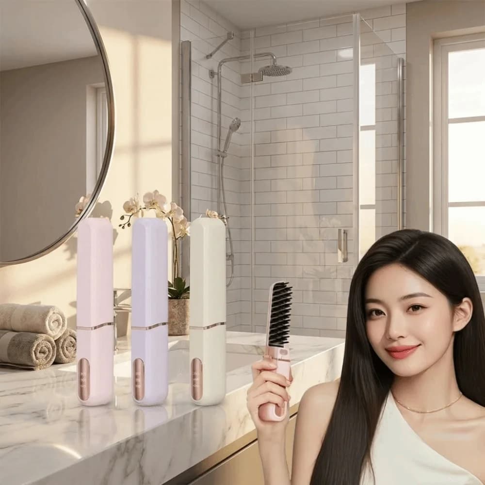 Wireless Hair Straightening Comb Rechargeable Type-C Electric Hair Straightener LCD Display 3 Speed Temperature