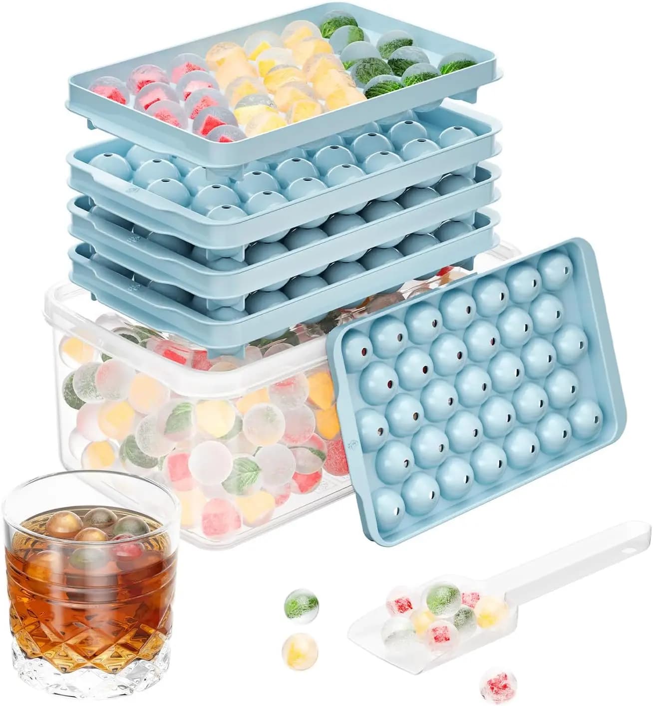 Set di 3 Stampi per Cubetti di Ghiaccio con Coperchio e Contenitore, 99 Stampi Rotondi per Raffreddare Bevande (2 cm, Blu)