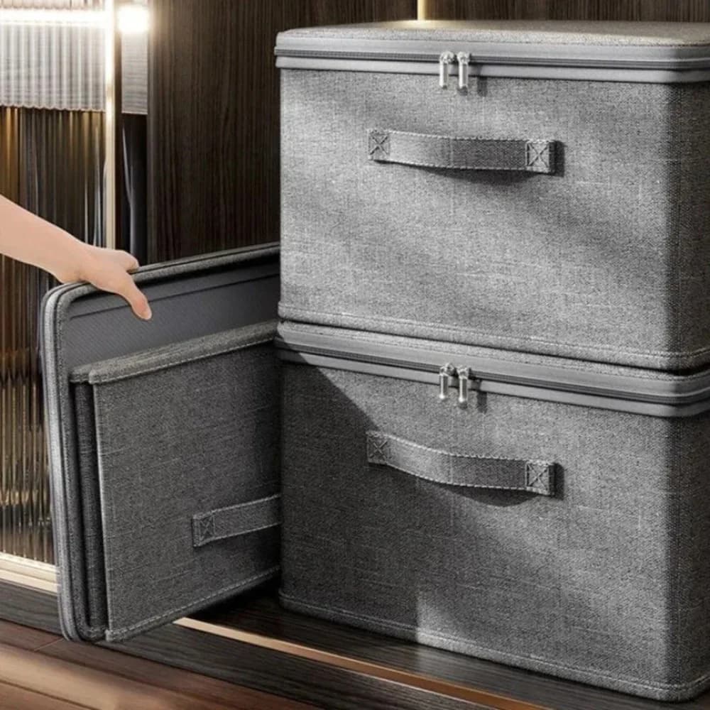 Premium Linen Like Fabric Storage Box Foldable Wardrobe Organizer With Sturdy Board Support Large Zipper Bin For Clothes JJ2200