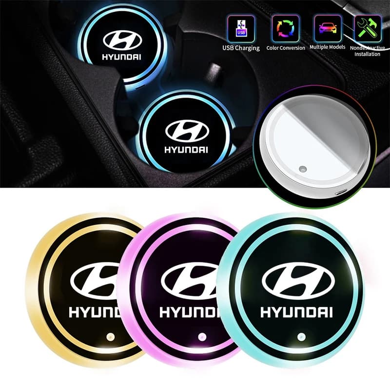 Portabicchieri luminoso per auto, 7 luci LED colorate, luce d'atmosfera, ricarica USB per Hyundai Tucson IX35 I20 Sonata Fe Elantra