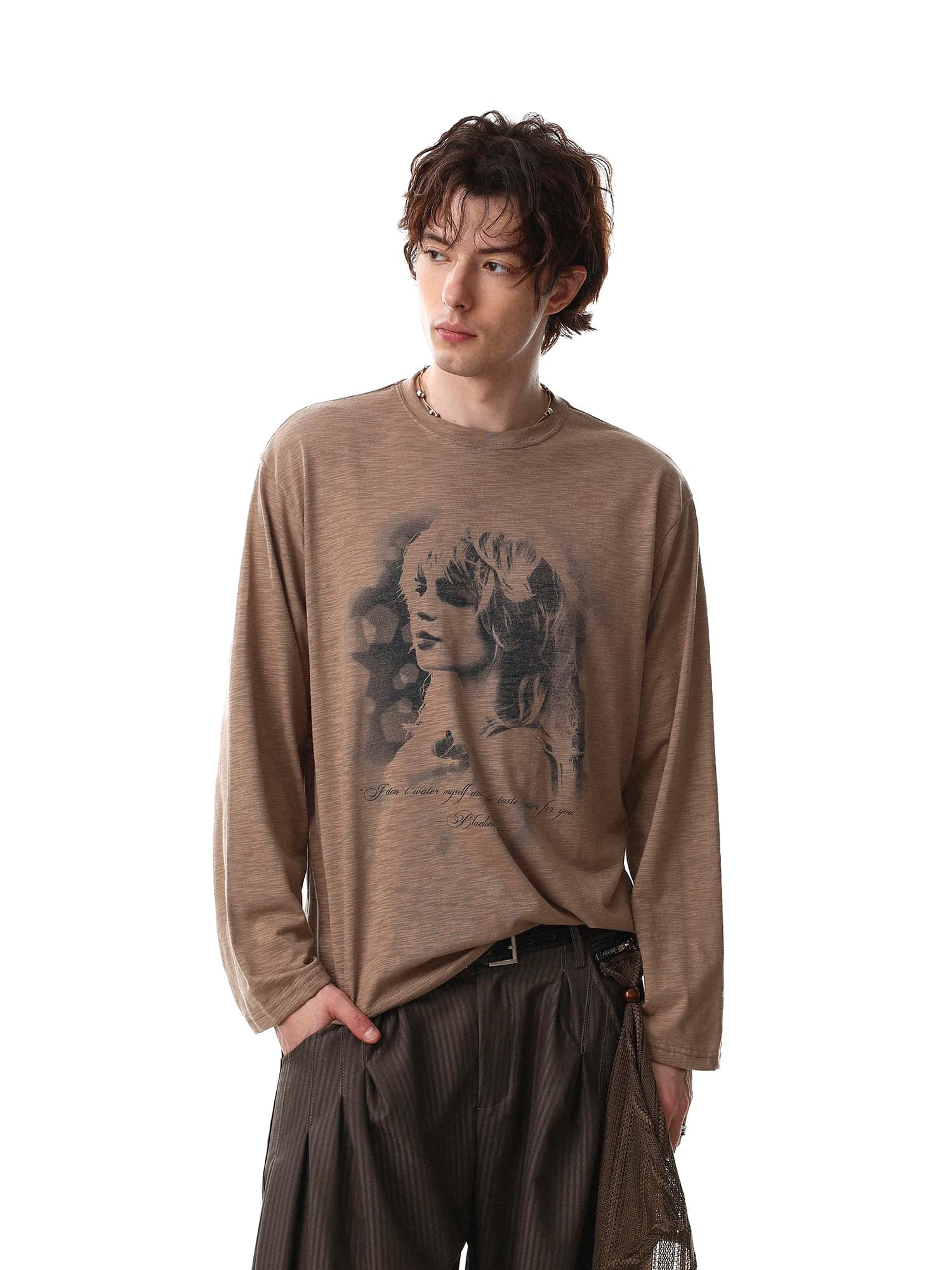 American Retro Print Long Sleeve T-Shirt Loose Casual Unisex round Neck Lazy Top Polyester Cotton Blend Spring Summer
